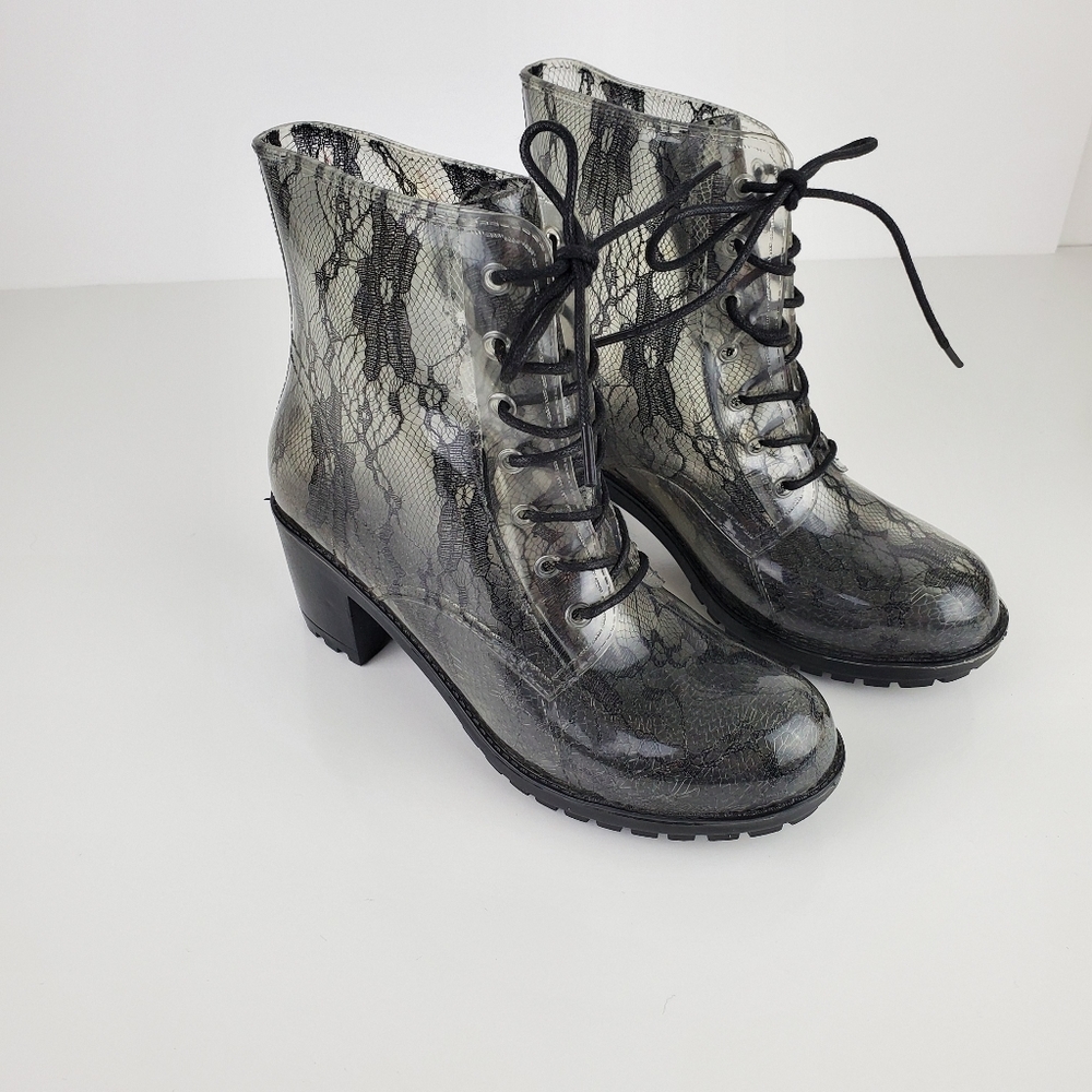 DripDrop Floral Lace Clear Rain Boots Black Size 37
